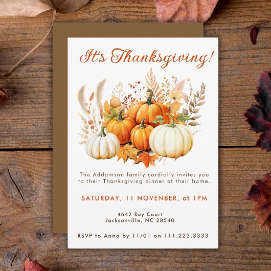 Invitation Fleurs d'automne Citrouille blanc Thanksgiving Dîn