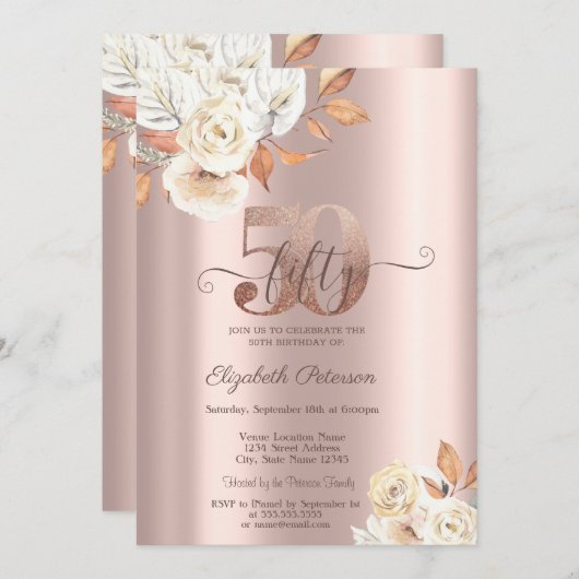 Invitation Fleurs d'automne d'or rose 50e anniversaire (Devant / Derrière)