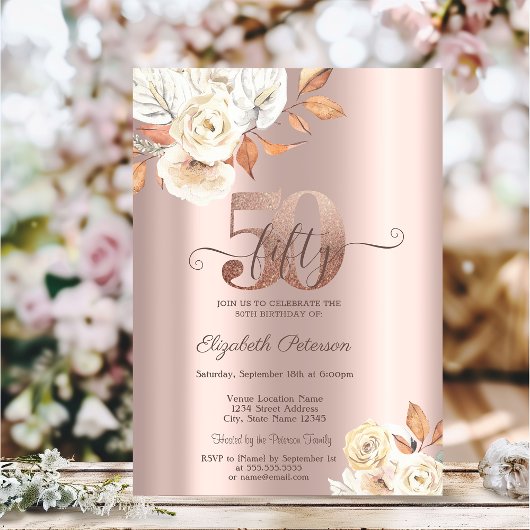 Invitation Fleurs d'automne d'or rose 50e anniversaire