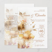 Invitation fleurs d'automne élégantes dorées blanches Invitat (Devant / Derrière)