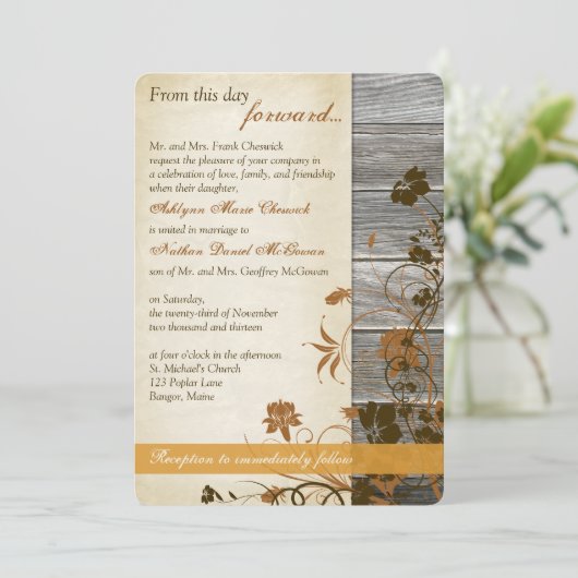 Invitation Fleurs d'automne, FAUX Mariage bois & parchemin (Debout devant)