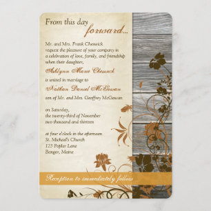 Invitation Fleurs d'automne, FAUX Mariage bois & parchemin