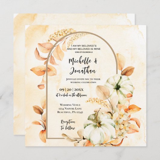 Invitation Fleurs d'automne Feuille Citrouille Mariage chréti (Devant / Derrière)