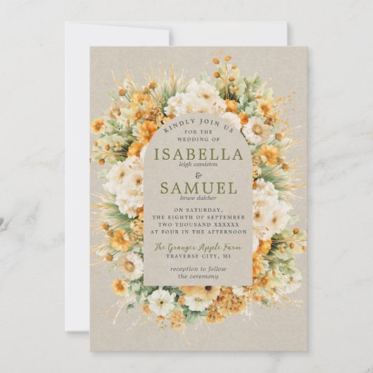 Invitation Fleurs d'automne Floral Automne Vert Orange Mariag (Devant)