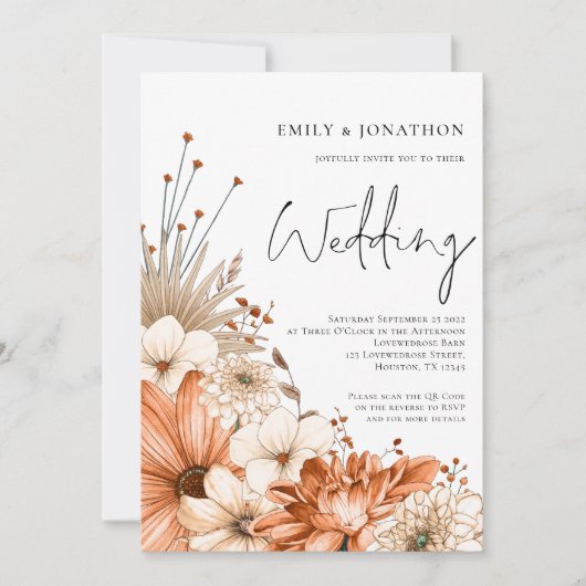 Invitation Fleurs d'Automne Modernes Code QR Mariage Script (Devant)