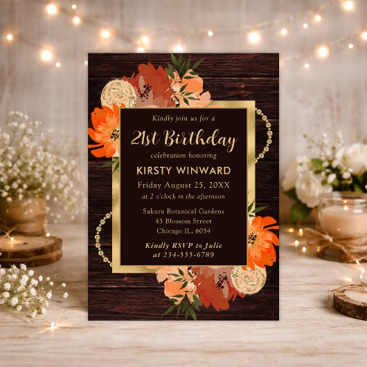 Invitation Fleurs d'automne orange brûlé rustique Anniversair