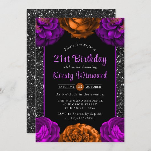 Invitation Fleurs d'automne orange et violet Halloween Annive (Devant / Derrière)