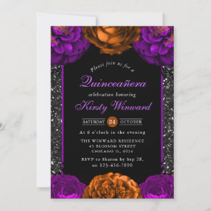 Invitation Fleurs d'automne orange et violettes Quinceanera H