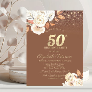 Invitation Fleurs d'Automne Pailletées Terre Cuite 50 ans Ann