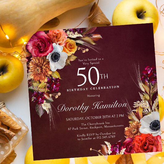Invitation Fleurs d'automne rouge Bourgogne Script 50e annive