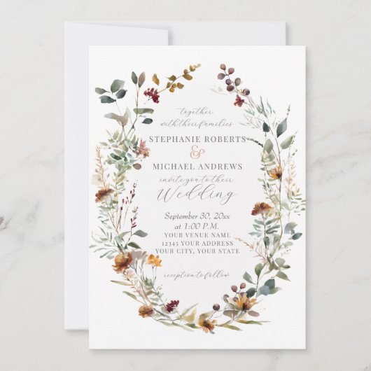 Invitation Fleurs d'automne Rustic Boho Wreath Floral Mariage (Devant)