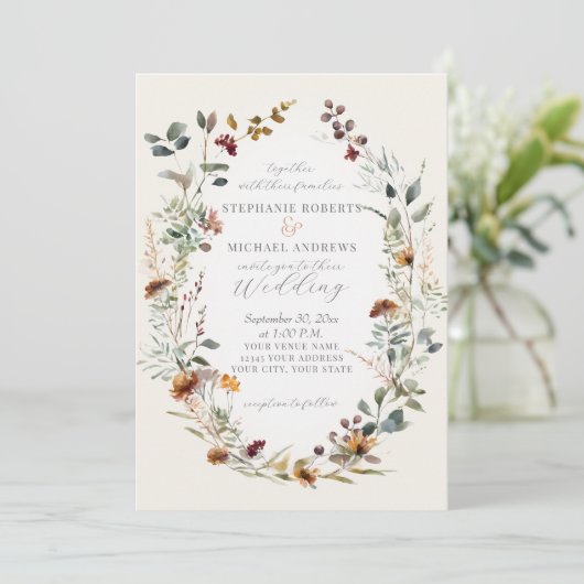 Invitation Fleurs d'automne Rustic Boho Wreath Floral Mariage (Debout devant)