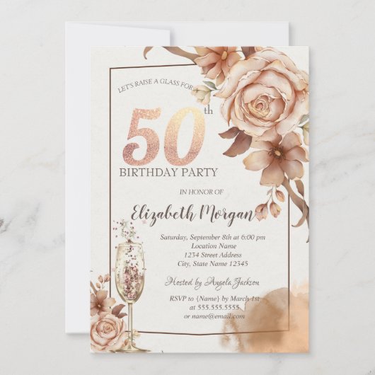 Invitation Fleurs d'automne, Verre de Champagne Gold 50e (Devant)