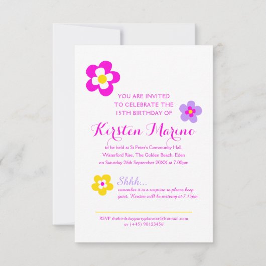 Invitation Fleurs de 15e anniversaire jaune rose violet surpr (Dos)