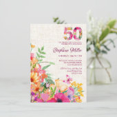 Invitation Fleurs de 50 ans Lin floral 50e anniversaire (Debout devant)