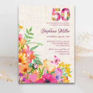Invitation Fleurs de 50 ans Lin floral 50e anniversaire