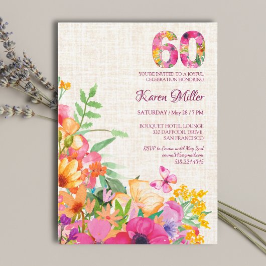 Invitation Fleurs de 60 ans Lin fleuri 60e anniversaire