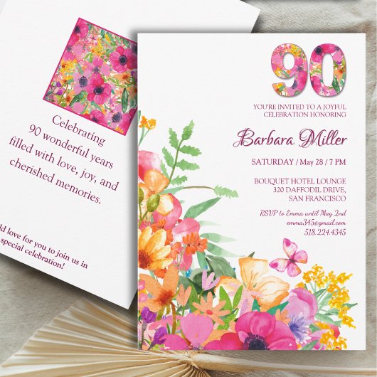 Invitation Fleurs de 90 ans Papillon grand-mère 90e anniversa