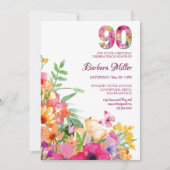 Invitation Fleurs de 90 ans Papillon grand-mère 90e anniversa (Devant)