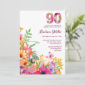 Invitation Fleurs de 90 ans Papillon grand-mère 90e anniversa (Debout devant)