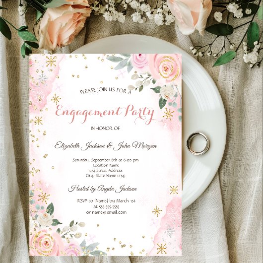Invitation Fleurs de aquarelle chic et flocons de neige pour 