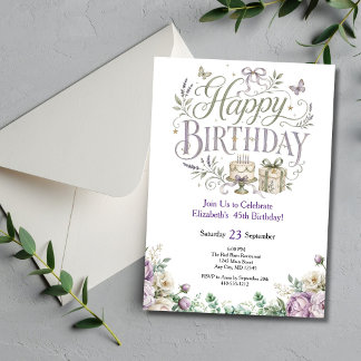 Invitation Fleurs de aquarelle violettes vertes Anniversaire