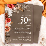 Invitation Fleurs de automne neutres florales blanches 30e an<br><div class="desc">Les fleurs blanches chatoyantes sont entourées de feuilles gris,  bruns et noirs neutres. Les fleurs roses et rouges ajoutent des pops de couleur pour l'éclairer. Le texte blanc est une combinaison chic de lettres droites et de calligraphie. L'arrière - plan taupe les encadre parfaitement.</div>