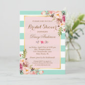 Invitation Fleurs de Baby Shower Rose Menthe Verte Rayures (Debout devant)