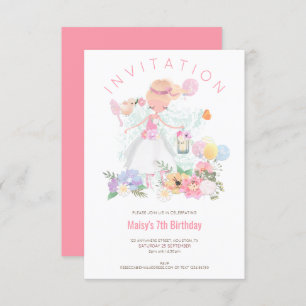 Invitation Fleurs de Ballerina Fille rose 7e fête d'anniversa