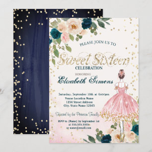 Invitation Fleurs de ballerine diamants bleu marine Sweet 16 
