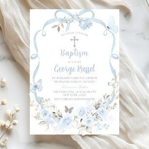 Invitation Fleurs de baptême à ruban bleu poussiéreux