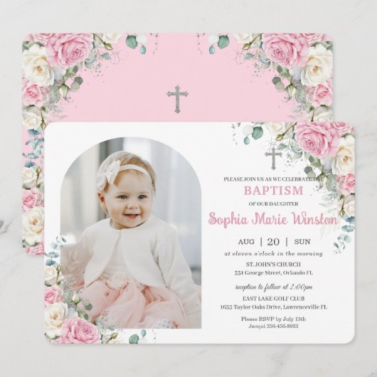 Invitation Fleurs de baptême florales blanches roses Arch Pho (Devant / Derrière)