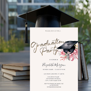 Invitation Fleurs de barette de remise de diplôme noires Votr