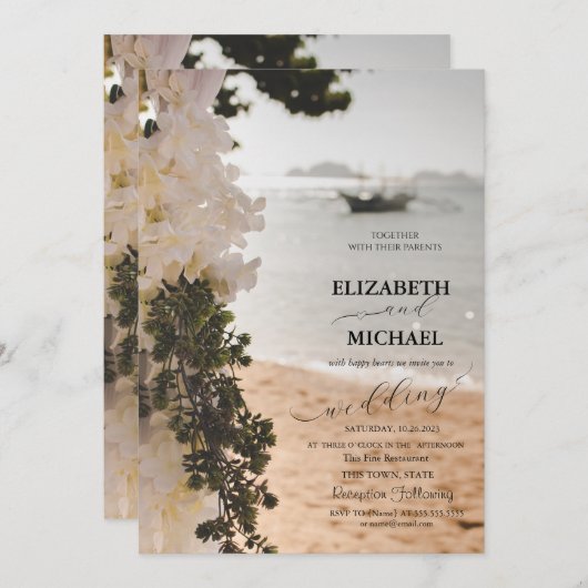 Invitation Fleurs de bateau à voile Script Plage Mariage (Devant / Derrière)