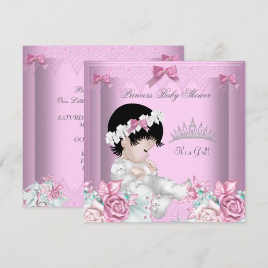 Invitation Fleurs de bébé fille rose et grise (Devant / Derrière)