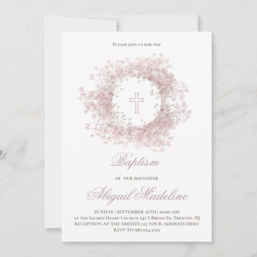 Invitation Fleurs de bébé rose Baptême (Devant)