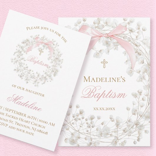 Invitation fleurs de bébé's breath ruban rose Baptême