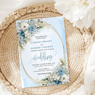 Invitation Fleurs de bleu aquarelle Eucalyptus Mariage Or