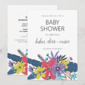 Invitation Fleurs de Boho modernes Baby shower jumeau garçon (Devant / Derrière)