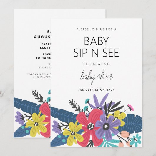 Invitation Fleurs De Boho Modernes Garçon Bébé Sip Et Voir (Devant / Derrière)