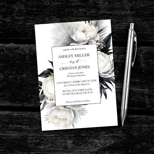 Invitation Fleurs de boho noir et blanc élégant mariage