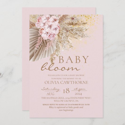 Invitation Fleurs de Boho Rose Vive Bébé Fille Douche (Devant / Derrière)