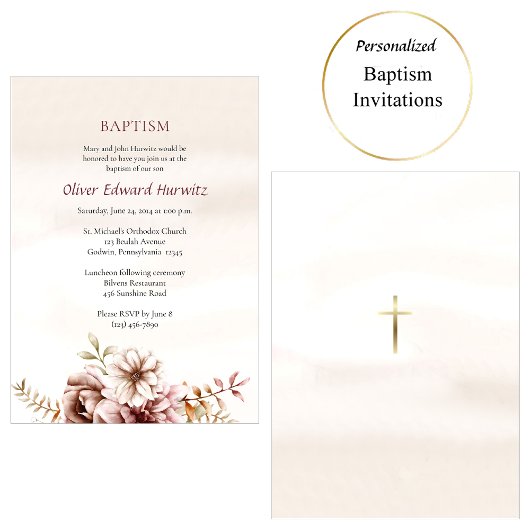 Invitation Fleurs de Boho Vin et Crème Baptême orthodoxe