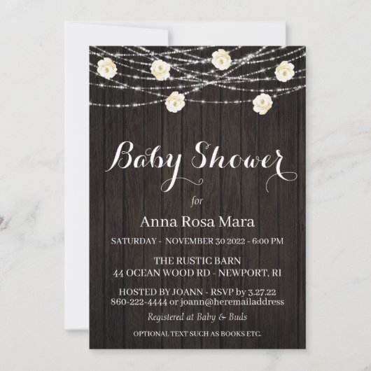 Invitation *~* Fleurs de bois rustique Lumières Baby shower R (Devant)