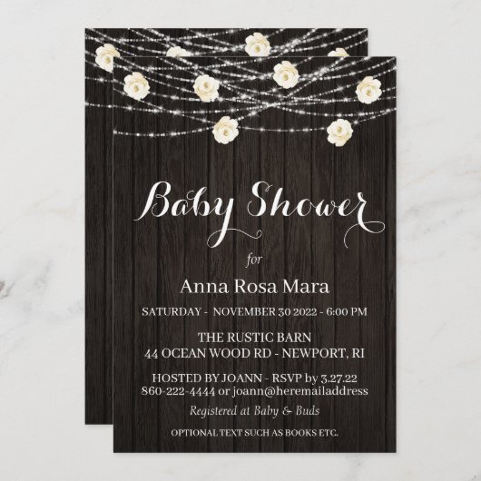 Invitation *~* Fleurs de bois rustique Lumières Baby shower R (Devant / Derrière)