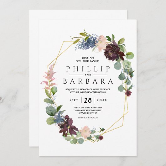 Invitation Fleurs de Bordo Bleu à l'aquarelle (Devant / Derrière)