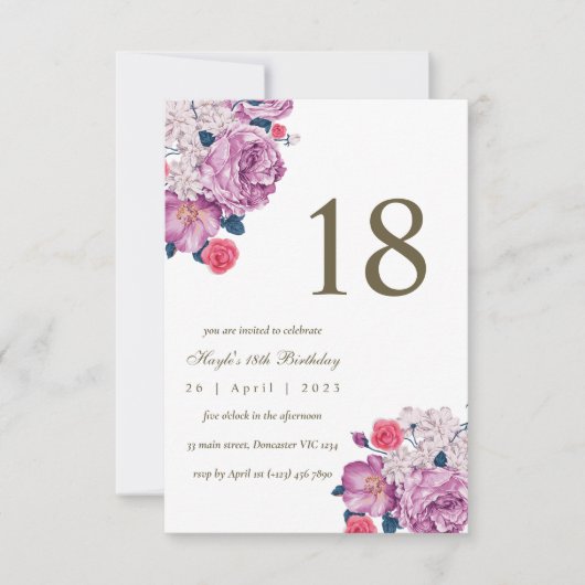 Invitation Fleurs de Botanique Violettes Simple Chic 18ème An (Devant)