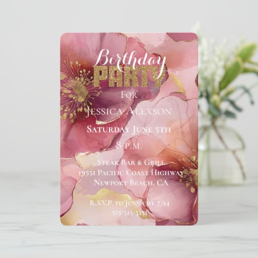 Invitation Fleurs de Bourgogne Blush Pailleté Or Anniversaire (Debout devant)
