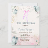Invitation Fleurs de Bow Bleu Papillons rayés Anniversaire (Devant)