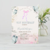 Invitation Fleurs de Bow Bleu Papillons rayés Anniversaire (Debout devant)